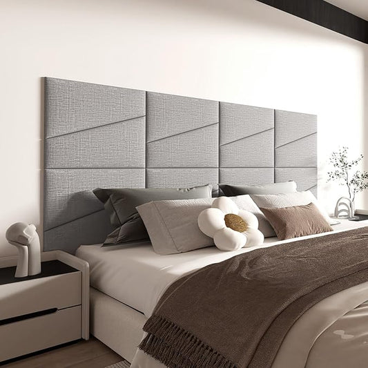 Peel and Stick Headboard Panels for King Bed, Upholstered Wall Mounted Headboard in Lighe Gray, Soft Padded Fabric Noise-Reducing Panels with Modern Stylish Design for Bedroom Decor (8 Panels)
