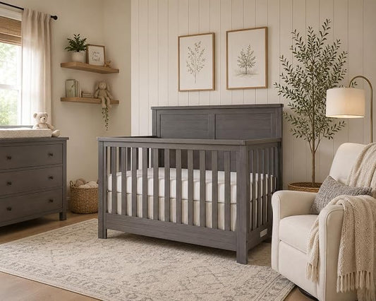 Evolur Belmar Flat 5-in-1 Convertible Full-Size Baby Crib in Rustic Grey, GreenGuard Gold & JPMA, Converts to Toddler, Day & Full-Size Bed, 3 Mattress Heights Crafted in Kiln-Dried Hardwood