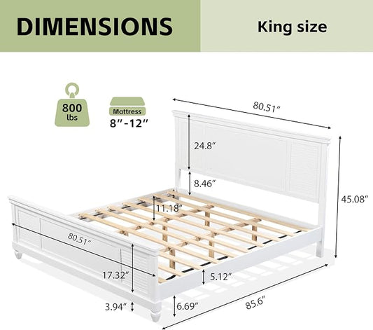 Merax King Size Bed Frame and Wood Headboard, Farmhouse White Platform Bed Frame with Sturdy Wooden Support Slats, No Box Spring Needed, Holds up to 800 Pounds, Noise-Free, Easy Assembly