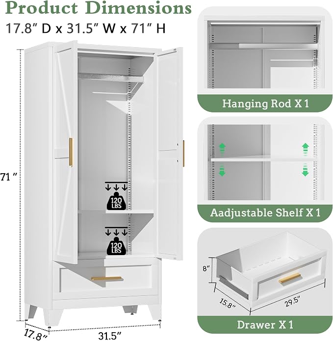 71" Tall Metal Armoire Wardrobe Closet,17.7" Deep By 31.5" Wide Portable Closet for Hanging Clothes,Wardrobe Cabinet with Drawer and Shelve for Bedroom Office Garage,White 1 Pack