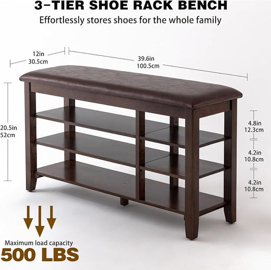 PY HOME & SPORTS Shoe Rack for Entryway 39.4": 3-Tier Shoe Storage Bench, Adjustable/Removable Shelves, Rubberwood Shoe Benches for Hallway, Porch, Bathroom, Brown