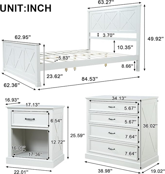 Harper & Bright Designs 4 Piece Bedroom Set, Rustic Queen Size Bedroom Furniture Sets with Storage Nightstands and 1 Dresser, Bedroom Furniture Sets with Wood Platform Bed Frame for Bedroom, White