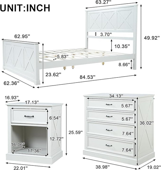 Farmhouse 4-Pieces Bedroom Sets, Queen Size Platform Bed with 2 Nightstands and 4-Drawer Storage, Wooden Bed Frame with Headboard and Footboard, Retro Queen Size Bedroom Set (White-4.13)