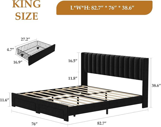 IDEALHOUSE King Bed Frame with Wingback Headboard, Velvet Upholstered Platform Bed with 2 Storage Drawers, Vertical Tufted Headboard Design, Wooden Slats Support, No Box Spring Needed, Black