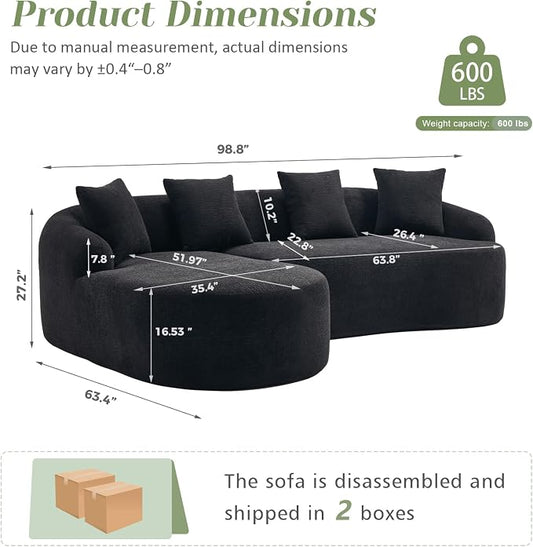 99" Curved Sofa with L-Shape Chaise,Modern Cloud Curved Couch with Deep Seat,No Assembly Required,Upholstered Oversized Couches for Living Room,Apartment (Black, 99Inch)