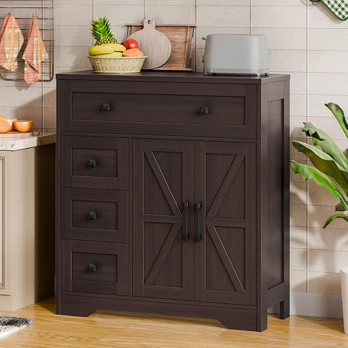 Vabches Farmhouse Storage Cabinet with 2 Doors and 4 Drawers, Freestanding Bathroom Storage Cabinet Kitchen Pantry, Floor Cupboard for Living Room/Bathroom/Kitchen,Espresso