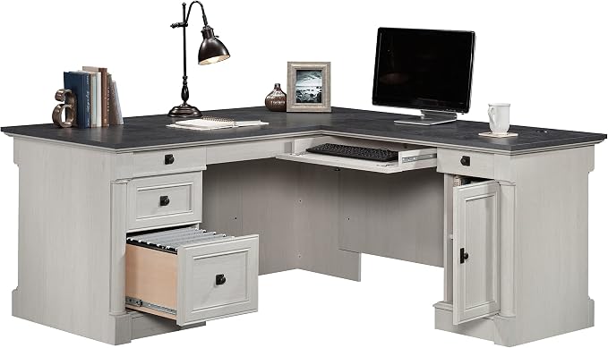Sauder Palladia L Shaped Desk with Drawers, Office Desk with File Cabinet Storage, Cable Management, Keyboard Tray, in Glacier Oak Finish