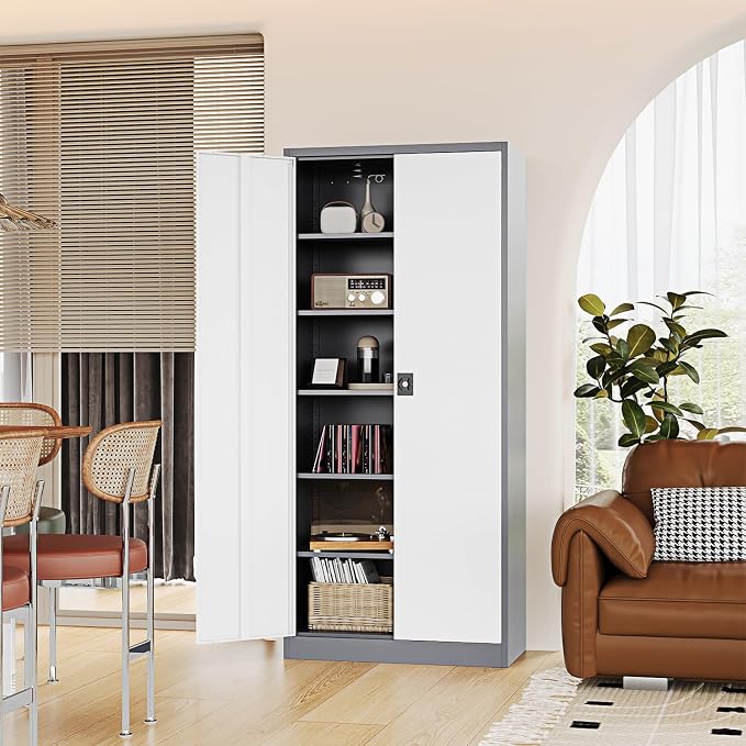 Fesbos Metal Storage Cabinet-71” Tall Steel File Cabinets with Lockable Doors and Adjustable Shelves-Gray&White Steel Storage Cabinet for Home,Kitchen, School, Office, Garage