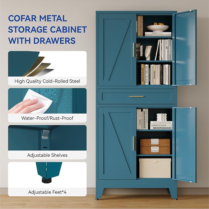 COFaR 71 in Tall Kitchen Pantry Cabinet with Drawer, Metal Pantry Storage Cabinet with 4 Adjustable Shelves and 4 Barn Doors, Freestanding Farmhouse Food Cupboard for Dining Room, Peacock Blue 6-Tier