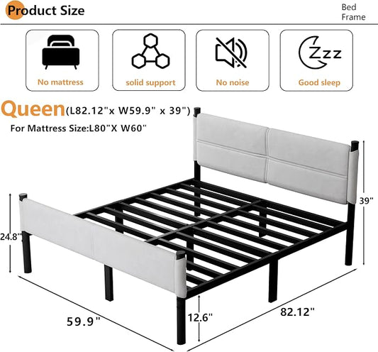 Metal Bed Frame,14Inch Queen Size Bed Frame with Storage Space,Heavy Duty Sturdy Mattress Foundation,Easy Assembly,No Box Spring Needed,Queen White