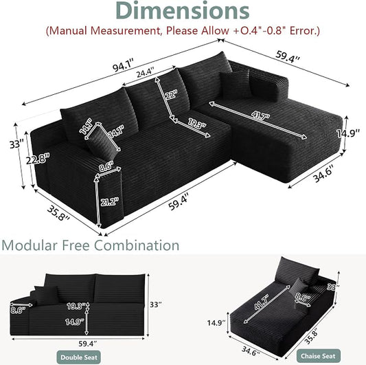 95" Modular Sectional Sofa, Modern Corduroy Cloud Couch with Side Pockets, Boneless Couch Upholstered 3-Seater L-Shaped Sofa for Living Room, No Assembly Required (Black,Right-Facing Chaise)