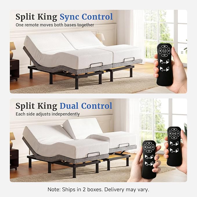 Tami Tami T450 Adjustable Bed Frame Split King Size with Remote & Nightlight - Syncable Electric Beds Bases with Head & Foot Incline, Zero Gravity, 3 height-adjustable legs, Quiet Motor, Easy Assembly