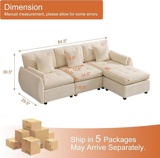 84" L Shaped Modular Sectional Cloud Sofa with Ottoman, Deep Seat Tufted Chenille 4-Seater Couch with Curved Arms, Beige