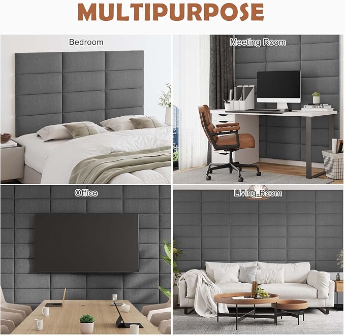 IFNOW Upholstered Wall Mounted Headboard, 3D Soundproof Wall Panels Peel and Stick for King Size, Reusable and Removable Tufted Bed Headboard in Dark Grey (12 Panels, 10" x 24")