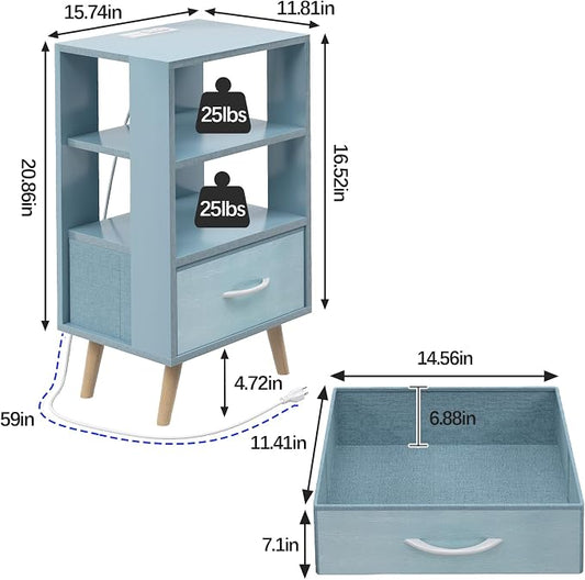 Aenuert Night Stand with Charging Station, Blue Nightstand with Drawer, 3-Tier Wooden Bedside Table with USB Ports and Outlets, End Table for Small Space, Living Room, Bedroom