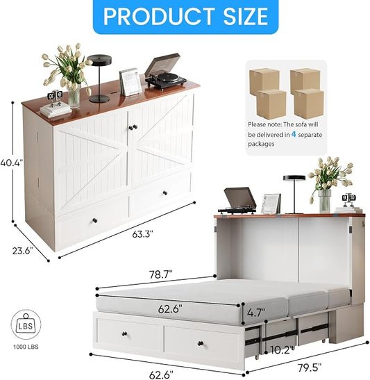 PUREMIND Murphy Bed Queen with Mattress Included, Farmhouse Frame Cabinet Beds Chest with Charging Station & Storage Drawers, Convertible Hideaway Cabinet Bed for Guest Room, White