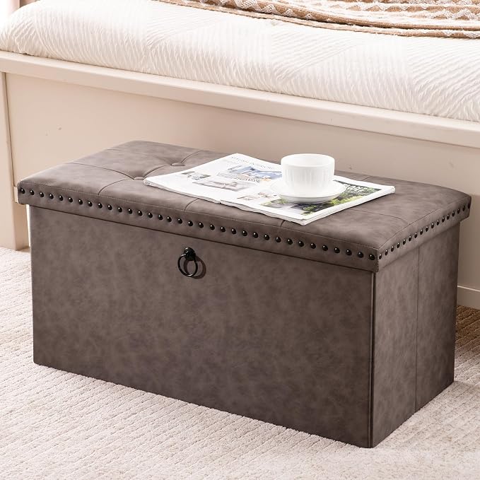 30 Inches Storage Ottoman Bench, Foldable Foot Rest with Rivet Design, 15 x 30 x 15 Inches, End of Bed Bench Footstool, Storage Chest, Load up to 330 lb, for Living Room, Bedroom, Entryway, Oak Brown