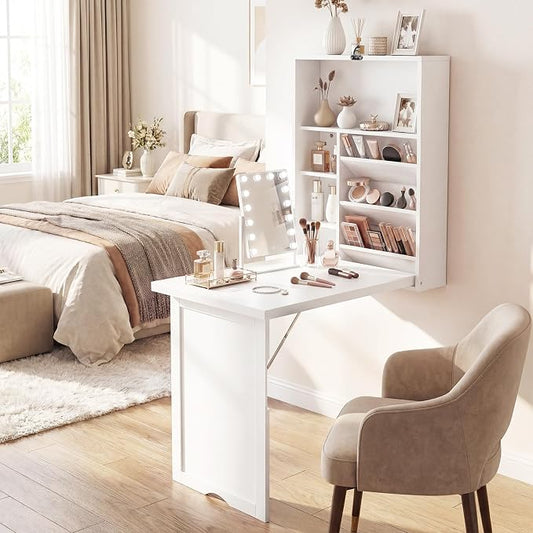 Tangkula Folding Wall Mounted Desk, Convertible Fold Out Floating Table with Storage Shelves, Space-Saving Drop Leaf Table, Murphy Desk for Craft, Study, Small Spaces, Home Office, Dorm, White