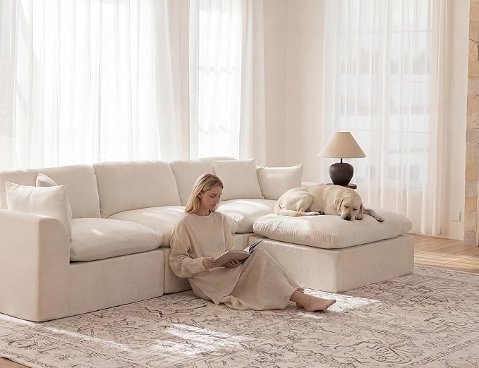 115" Modular Sectional Sofa – Modern Cloud Couch with Deep Chenille Seats, L-Shape Boneless Couch for Living Room, No Assembly, Warm White (3 Seater + 1 Ottoman)