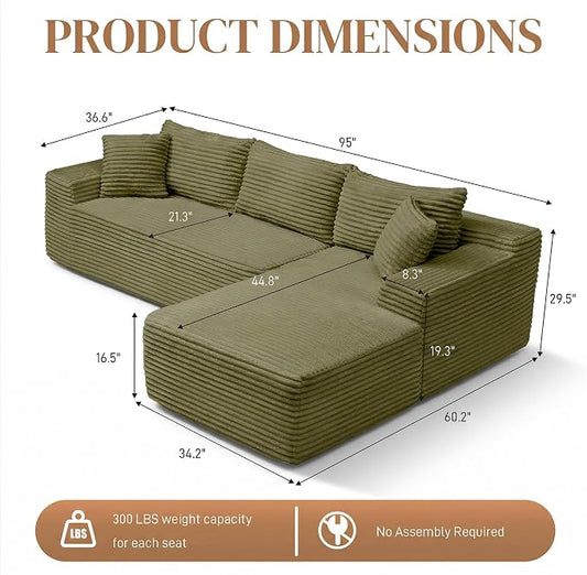 95" L Shaped Cloud Boneless Sectional Couches for Living Room, Modern Comfy Modular Deep Seat Memory Foam Compressed Corduroy Sofa Oversized Right Facing Chaise, No Assembly Required, Green