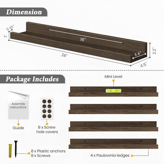 Forbena 24 Inch Floating Picture Ledge Shelf Set of 4, Wooden Picture Shelf for Wall with Ledge for Living Room Bedroom, Dark Wood Wall Shelves with Lip Edge for Photo Frames Display (Rustic Brown