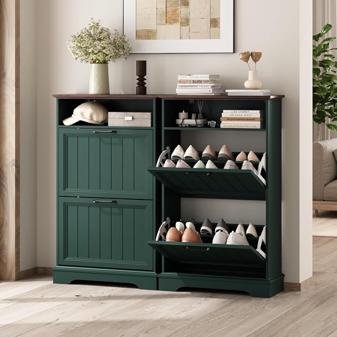 Shoe Storage Cabinet with 2 Flip Drawers, 24" W Farmhouse Modern Hidden Shoes Rack Cabinet with Adjustable Shelves & Open Storage, Narrow Slim Shoe Organizer for Front Door Entrance, Entryway, Green
