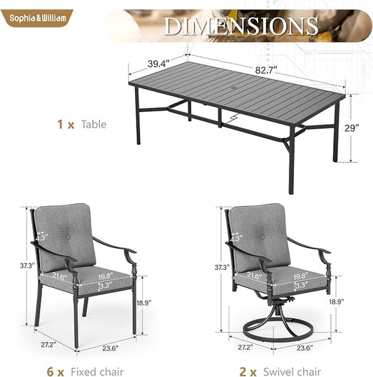 Sophia & William 9pc Outdoor Dining Set,Cushions Heavy Duty Steel Frame | 3.2"Premium Cushions,weather resistant, rainproof, UV resistant, and easy to clean