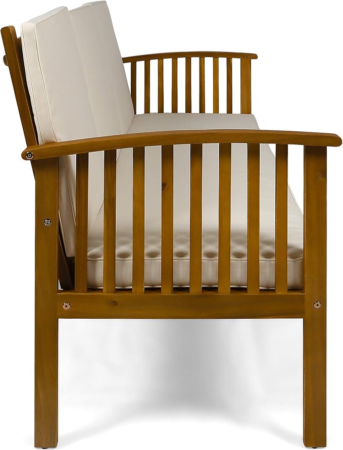 Christopher Knight Home Breenda Outdoor Acacia Wood Sofa with Cushions, Teak Finish, Cream
