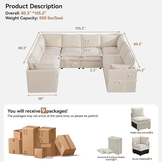 105" Beige Oversized Modular Storage Sofa, U Shaped Chenille Cloud Couch | Oversized Convertible Sectional Sofa, 8-Seat Sectional Couch With Armrests, Large Cloud Couch For Living Room, Apartment.