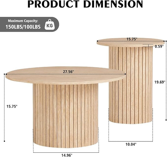 Round Nesting Coffee Table Set of 2, Fluted for Small Spaces | Modern style, suitable for living rooms, roller design, wooden