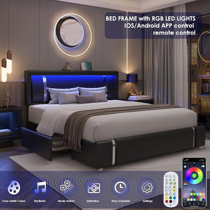 Keyluv Queen Bed Frame with RGB LED Lights Headboard & 2 Storage Drawers, Modern Upholstered Faux Leather Platform Bed with Iron Metal Decor, USB & USB-C Charging Ports, No Box Spring Needed, Black