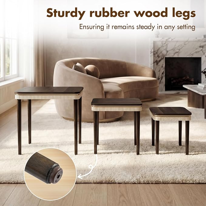 Hyfirm Walnut Side Table End Table Nesting Tables Set of 3, Retro Nesting Tables with Veneered Top & Gold Trim, Mid Century Modern Nesting Wood Coffee Tables for Living Room/Bedroom/Apartment