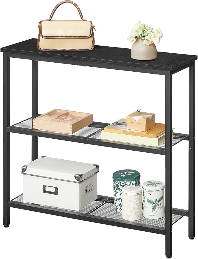HOOBRO 29.5" Narrow Console Table, 3 Tier Entryway Table with Shelves, Thin Sofa Table, Behind Couch Table, Display Side Table, for Hallway, Entrance, Living Room, Black BB73XG01