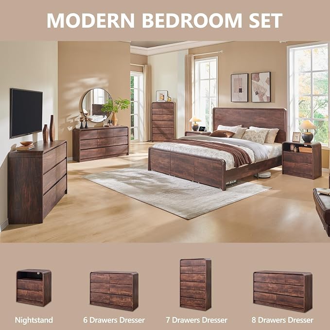 Aitjunz Modern 7 Drawers Dresser for Bedroom, 55" Tall Dressers & Chest of Drawers w/Curved Profile Design, Wood Mid Century Vertical Storage Dressers Organizer for Bedroom, Living Room, Brown