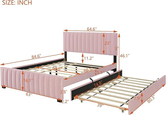 Ball & Cast Queen Bed Frame with Twin XL Size Trundle,Velvet Upholstered Platform Bed Frame Queen Size with Channel Tufted Headboard,Wood Slats Support,No Box Spring Needed,Easy Assembly,Pink