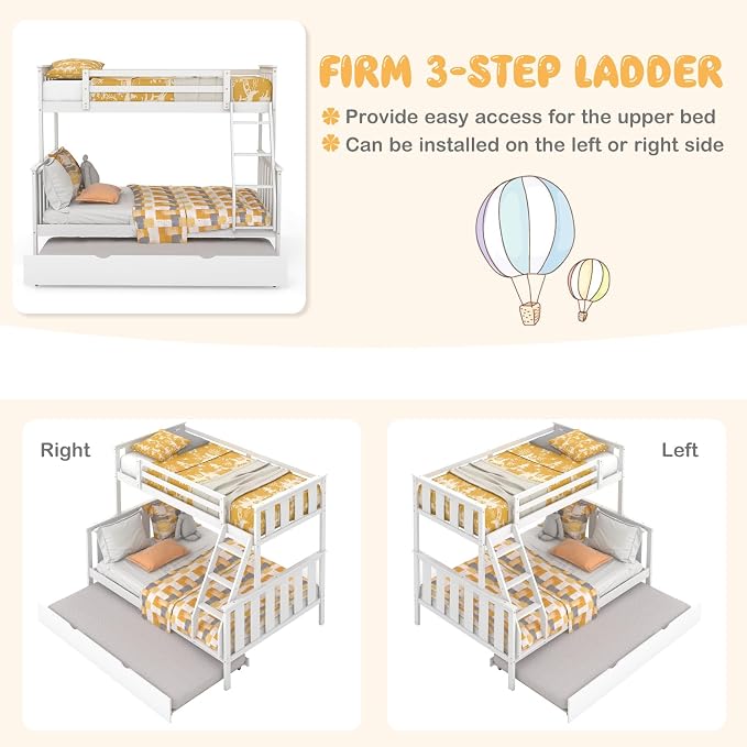 KOMFOTT Twin Over Full Bunk Bed with Trundle, Wood Bunk Bed with Pull-Out Trundle Bed, Solid Wood Frame, Ladder & Safety Guardrails, Convertible to 2 Separated Beds, No Box Spring Needed (White)