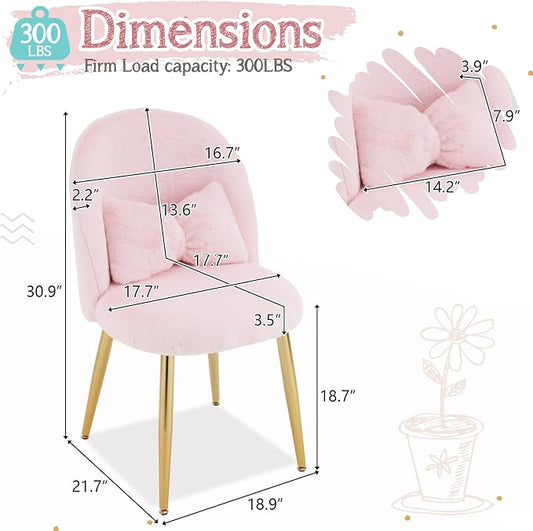 VINGLI Fluffy Girls Vanity Chair with Back & Pillow,Cute Small Cozy Desk Chair No Wheels,Comfy Makeup Ch with Ajustable Gold Legs,for Bedroom,Living Room,Small Space,Pink
