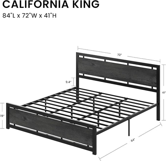 LIKIMIO California King Bed Frame with Headboard and Footboard, Metal Strong Supports, Easy Assembly, Noise-Free, No Box Spring Needed, Charcoal Grey