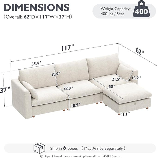 Ihanherry 117" Oversized Modular Sectional Sofa, Modern L Shaped Cloud Couch with Storage Ottoman, 4-Seat Comfy Chenille Deep Seat Sofa with 2 Pillows for Living Room, Beige