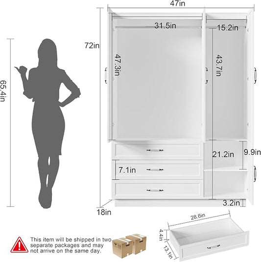 72" Armoire Wardrobe Closet with 3 Door Wooden Bedroom Armoire with LED Light 3 Drawers Large Modern Wardrobe Cabinet with Retro Ceramic Door Handles and Removable Hanging Rod White