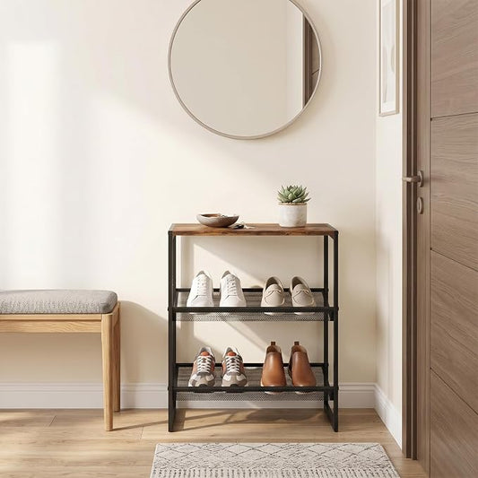 Shoe Rack for Entryway,3 Tier Shoe Storage Organizer,Sturdy Shoe Shelf,Boot Rack with a Fine Mesh Shelves,for Living Room, Hallway,Small Space,11.8 x 16.5 x 19.7 Inches,Brown