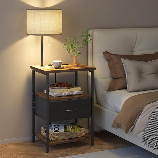 Fixwal Nightstand with Lights Bedside Table with 3 Color Temperatures Bulb, Night Stand with Charging Station End Table with Adjustable Fabric Drawer for Bedroom Dorm