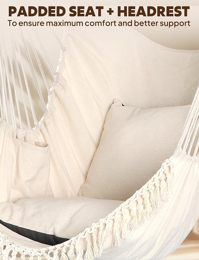 Chihee Hammock Chair Hanging Swing 2 Pillows Included,Strong Webbing Straps and Hooks for Easy Hanging Soft Cotton Hanging Chair Side Pocket Tassel Chair Comfort Indoor Outdoor
