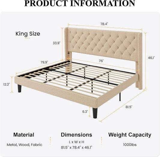 SHA CERLIN King Size Platform Bed Frame with Upholstered Headboard and Wingback, Button Tufted Design, Easy Assembly, No Box Spring Needed, Beige