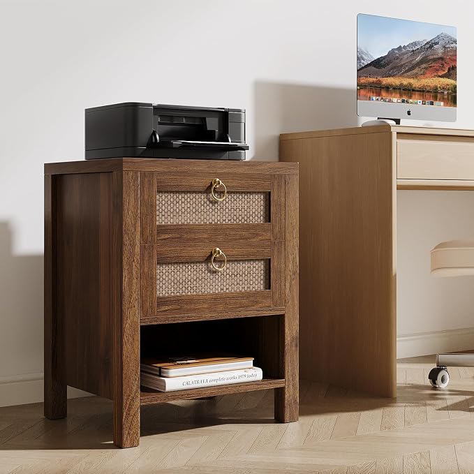 Rattan Night Stand with Drawers - Boho Nightstand with Charging Station, Bedside Table with Storage Shelf, Accent Side Table End Tables Living Room, Wood Nightstands for Bedroom, Walnut