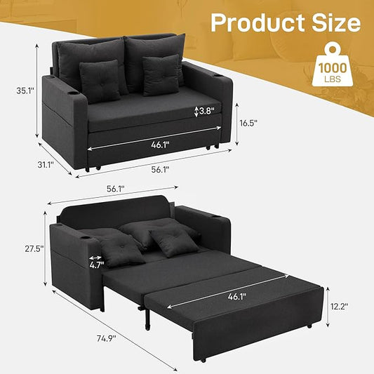 Busaurus Sleeper Sofa Bed, Convertible Pull Out Couch, 56" Full Size Loveseat Sleeper Sofa with 4 Pillows, Pocket & USB, Small Couch Bed for Small Spaces, Bedroom, Apartment, Living Room, Linen Black