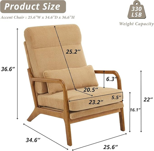 Karl home Accent Chair High Back Mid-Century Modern, Khaki | Corduroy Upholstered, Walnut Color Solid Rubber Wood Frame, Soft Cushion with Pillow, For Living Room, Bedroom, Balcony