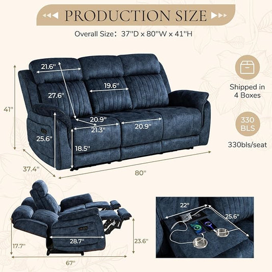 Power Reclining Sofa with Zero Gravity, Electric Reclining Couch with Adjustable Headrest, Wireless Charge, USB/Type-C Ports, 3 Seater Recliner Sofa for Living Room (Blue, 3 Seater Sofa)