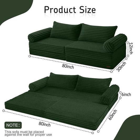MeMoreCool Convertible Sofa Bed, Folding Floor Couch Bed Queen, Pull Out Sleeper Couch with Pillows, Fold Out Futon Sofa for Bedroom Living Room Small Space, Corduroy Green