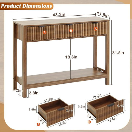 Nasonet Fluted Console Table, Wooden Sofa Table with Storage and Drawers, Farmhouse Behind Couch Table Entryway Table for Entrance, Hallway, Living Room, Brown